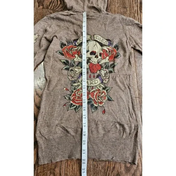 Vtg Y2K Ed Hardy Love Dies Hard Skull Dragon Roses Rhinestone XS Zip Up Hoodie